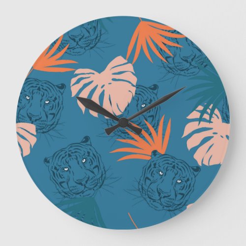Tropical Tiger Leaves Deep Blue Large Clock