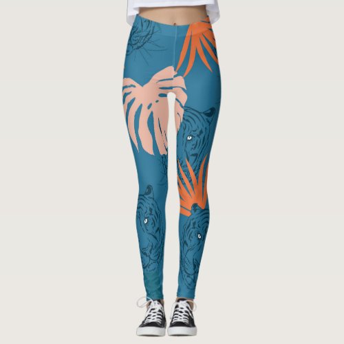 Tropical Tiger Leaves Deep Blue Leggings