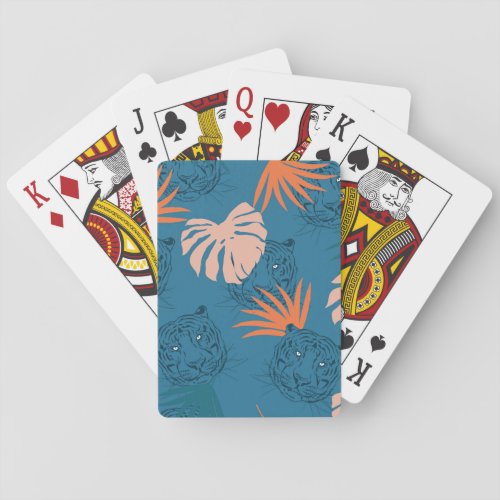 Tropical Tiger Leaves Deep Blue Playing Cards