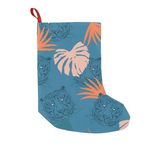 Tropical Tiger Leaves Deep Blue Small Christmas Stocking