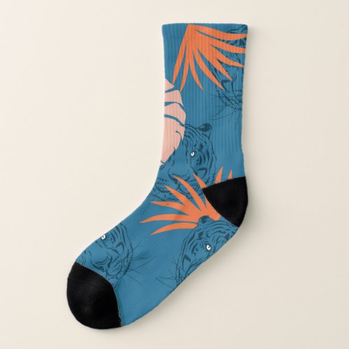 Tropical Tiger Leaves Deep Blue Socks