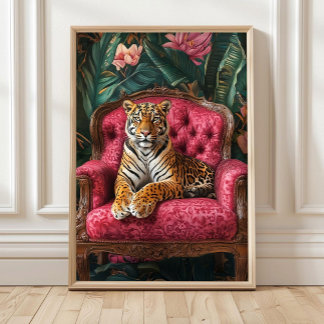 Tropical Tiger on Pink Sofa Poster Eclectic Tiger