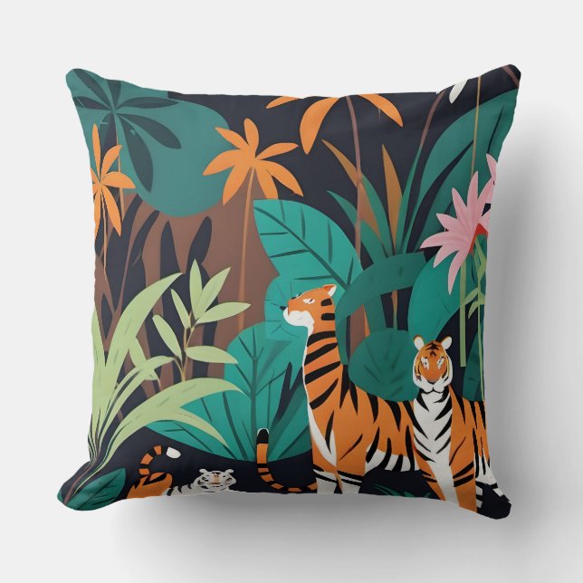 Tropical Tiger Trio Throw Pillow (Front)