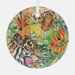 Tropical Tiger Watercolor Jungle Pattern Glass Ornament