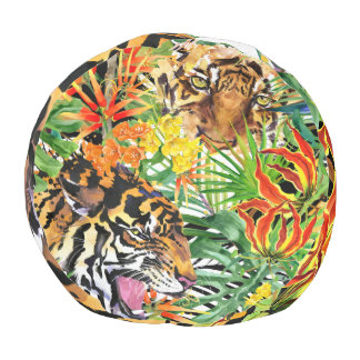 Tropical Tiger Watercolor Jungle Pattern Pouf