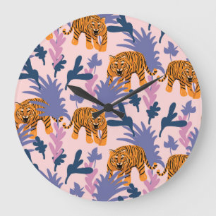 Tropical Tigers Jungle Vintage Pattern Large Clock