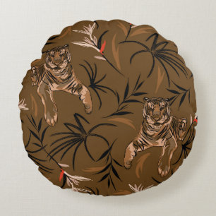 Tropical Tigers Paradise Flower Pattern Round Pillow
