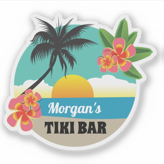 Tropical Tiki Bar with Name, sunset, palm tree Sticker (Front)