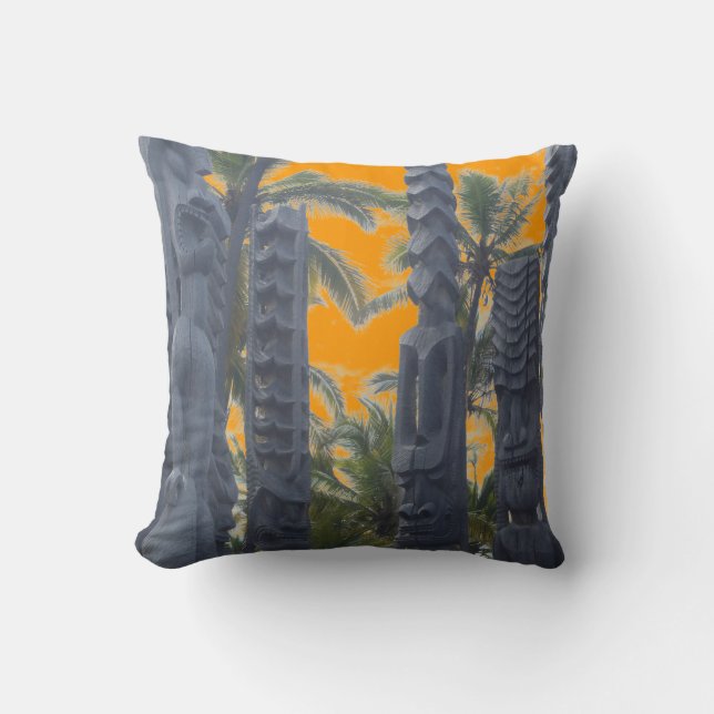 Tropical tiki statue sunset decorative pillow (Front)