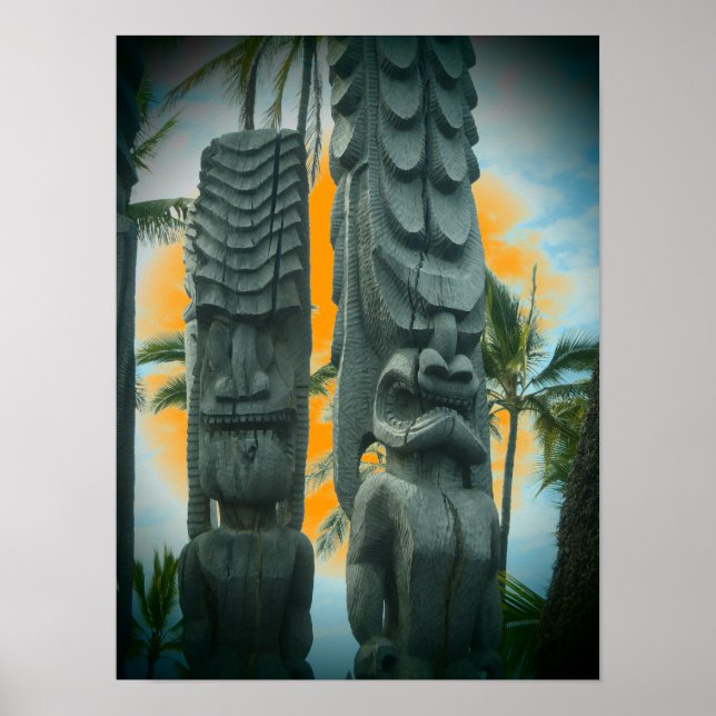 Tropical tiki statue sunset poster (Front)