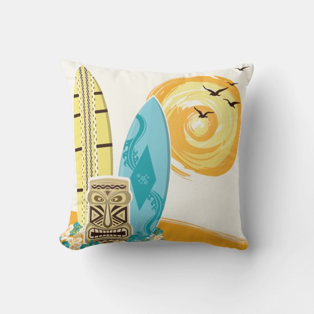 Tropical Tiki Surfboard Decorative Throw Pillow (Front)