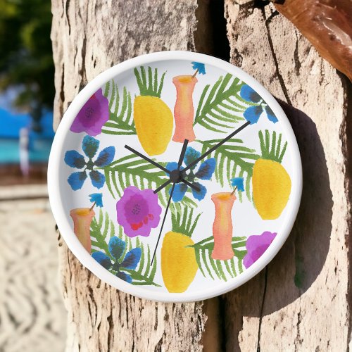 Tropical Tiki Time Cocktails Design White Frame Clock