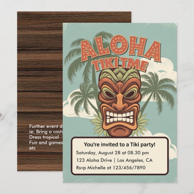 Tropical Tiki Time Hawaiian Luau Party Invitation (Front/Back)