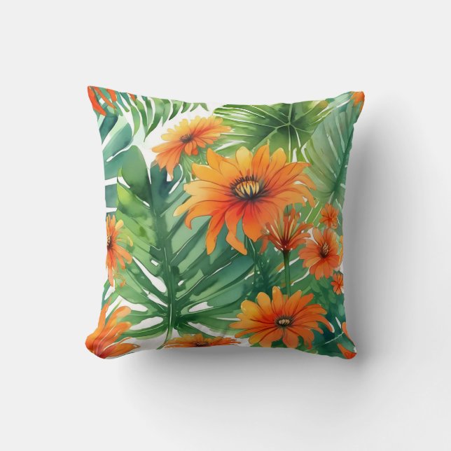 Tropical Tithonia Vibrant Watercolor Throw Pillow (Front)