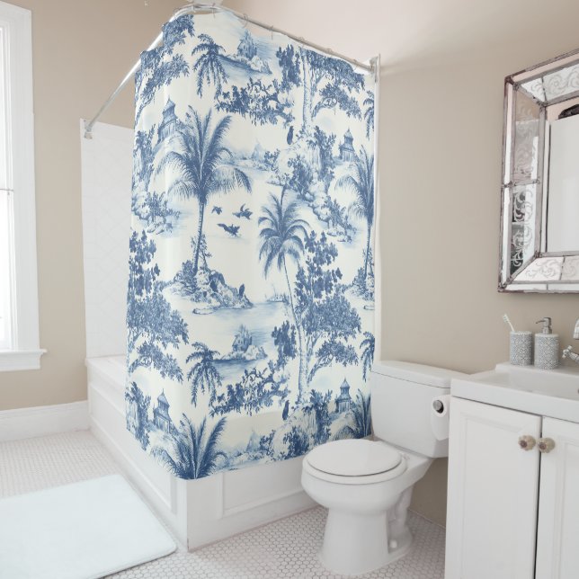 Tropical Toile De Jouy Shower Curtain (In Situ)