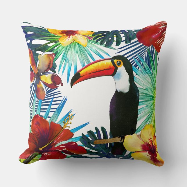 Tropical Toucan 2 Yellow Red Teal Floral Beach Throw Pillow (Front)