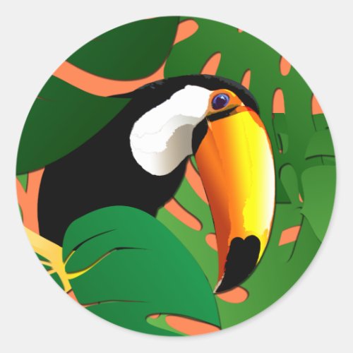 Tropical Toucan Bird Green Leaves On Salmon Pink Classic Round Sticker