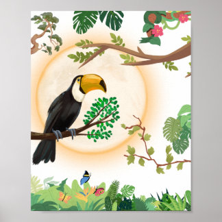Tropical Toucan Bird & Jungle Leaves Aesthetic Wal Poster