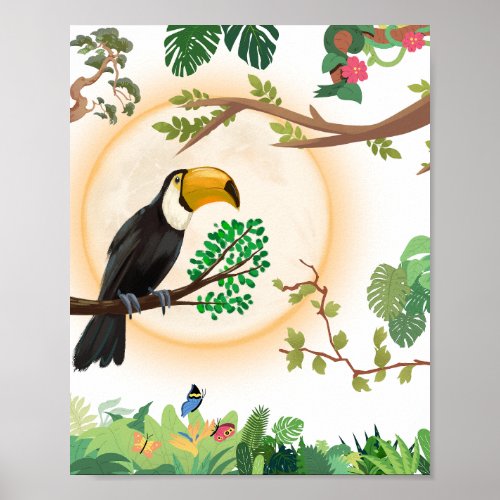 Tropical Toucan Bird & Jungle Leaves Aesthetic Wal Poster