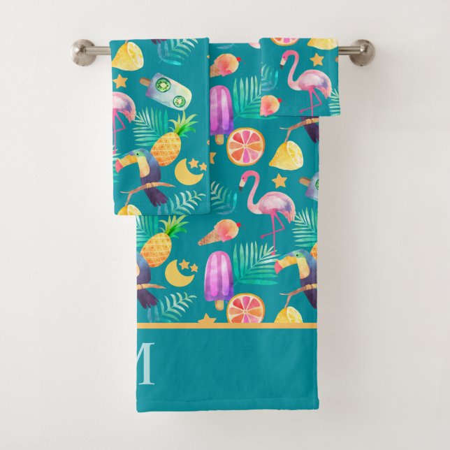 Tropical Toucan Bird Pink Flamingo Pattern Bath Towel Set (Insitu)