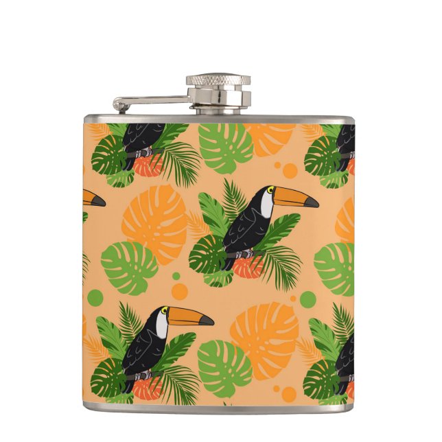 Tropical Toucan Bird Seamless Pattern Flask (Front)