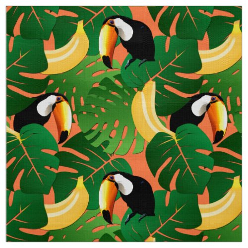Tropical Toucan Birds Banana Pattern Orange Green Fabric