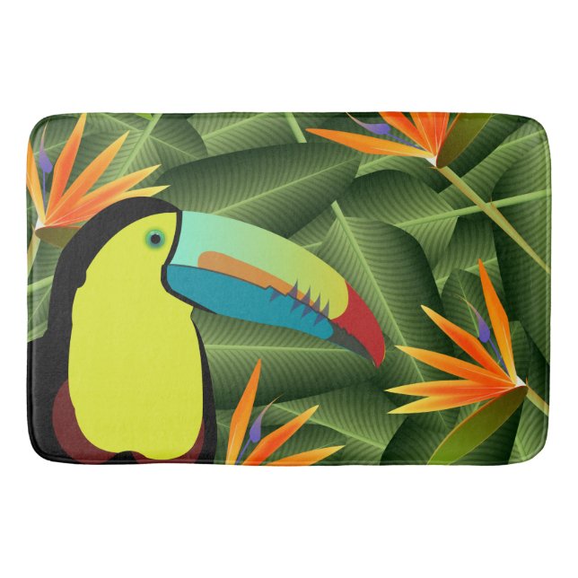 Tropical Toucan & Birds of Paradise Flowers Bathroom Mat (Front)