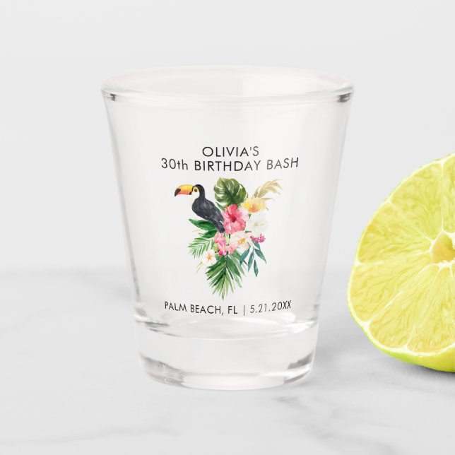 Tropical Toucan Birthday Party Favor Personalized Shot Glass (Front)