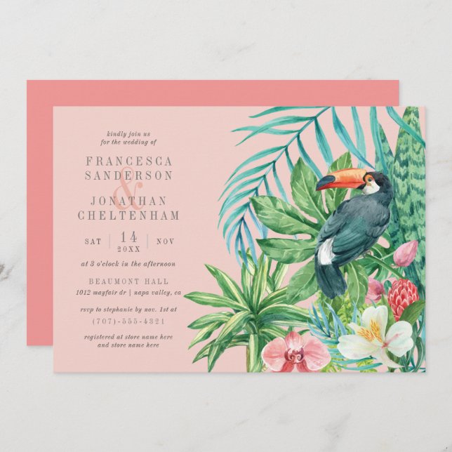 Tropical Toucan & Flowers Blush Pink Wedding Invitation (Front/Back)