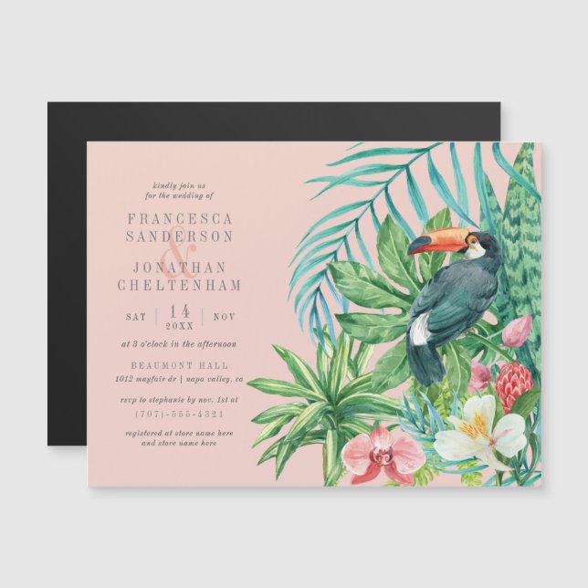 Tropical Toucan, Flowers & Leaves | Wedding Magnetic Invitation (Front/Back)