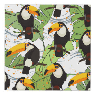 Tropical Toucan, green palms, vintage pattern. Faux Canvas Print