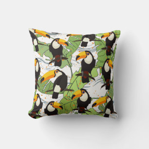 Tropical Toucan, green palms, vintage pattern. Throw Pillow