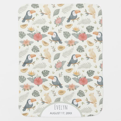 Tropical Toucan Jungle Custom Name Baby Blanket