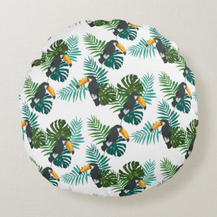 Tropical Toucan & Palm Leaves Pattern Round Pillow