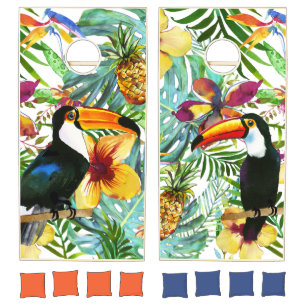 Tropical Toucan Paradise Palm Pineapple Modern Cornhole Set