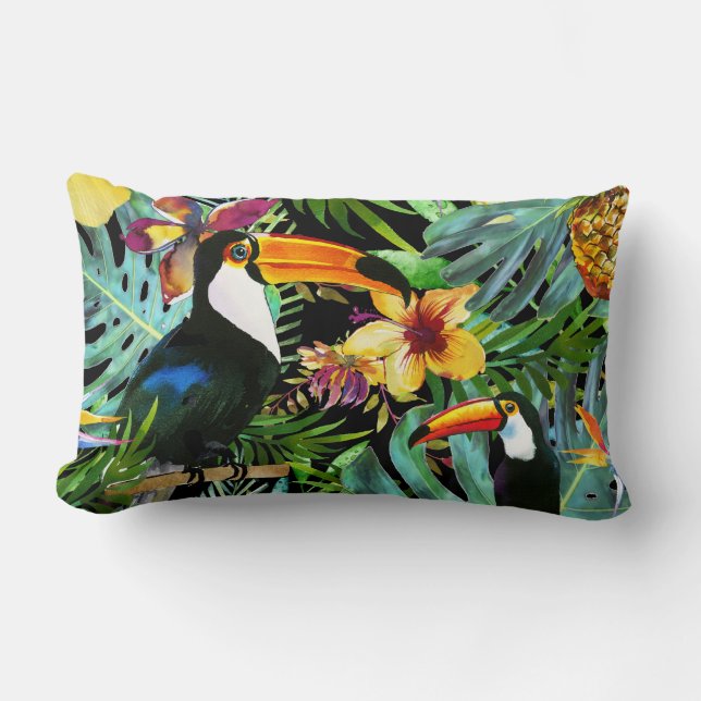 Tropical Toucan Paradise Palm Pineapple Modern Lumbar Pillow (Front)