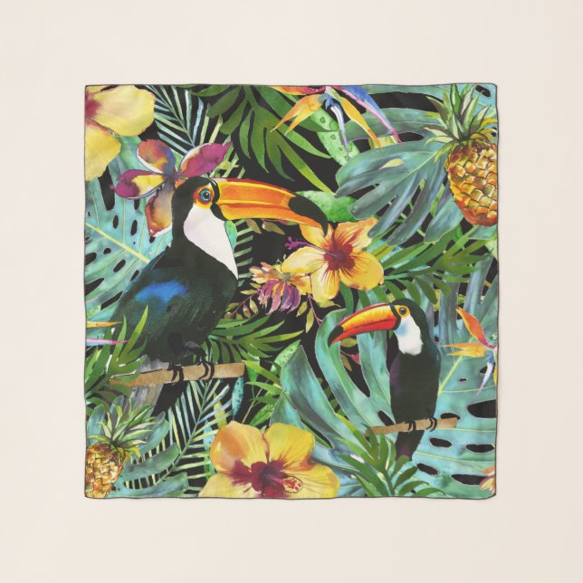 Tropical Toucan Paradise Palm Pineapple Modern Scarf (Front)