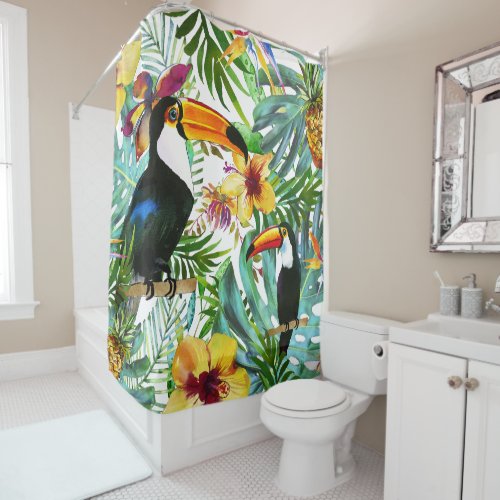 Tropical Toucan Paradise Palm Pineapple Modern Sho Shower Curtain