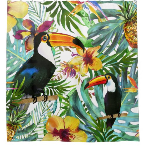 Tropical Toucan Paradise Palm Pineapple Modern Shower Curtain