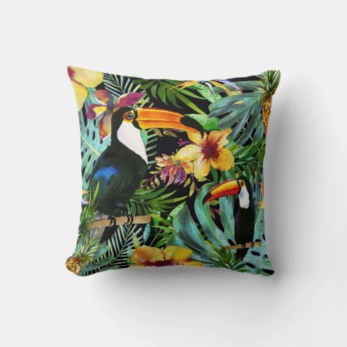 Tropical Toucan Paradise Palm Pineapple Modern Throw Pillow