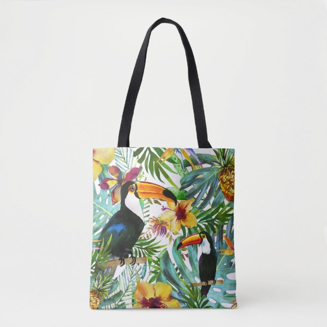 Tropical Toucan Paradise Palm Pineapple Modern Tote Bag (Front)