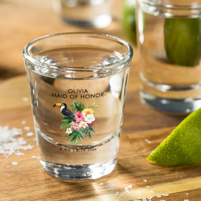 Tropical Toucan Wedding Bridesmaid Personalized Shot Glass (Creator Uploaded)