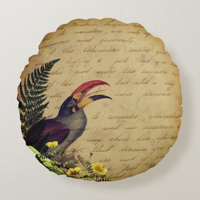 Tropical Toucan with Writing Ephemera  Round Pillow (Front)