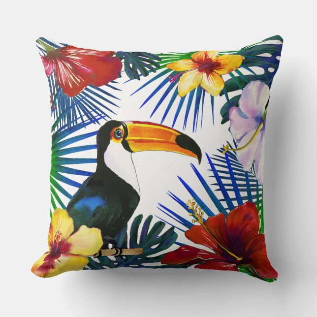 Tropical Toucan Yellow Red Hibiscus Floral Beach Throw Pillow (Front)