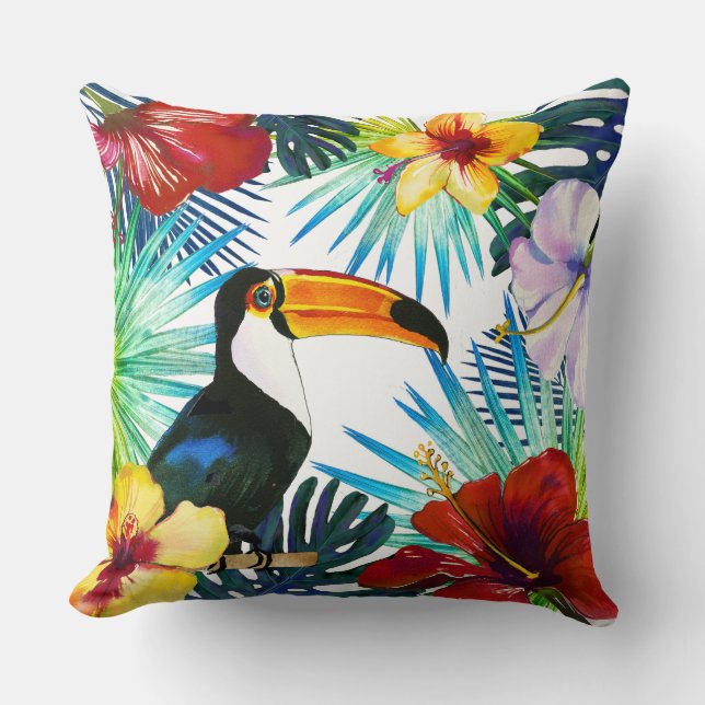 Tropical Toucan Yellow Red Teal Floral Beach Throw Pillow (Front)