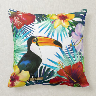Tropical Toucan Yellow Red Teal Floral Beach Throw Pillow