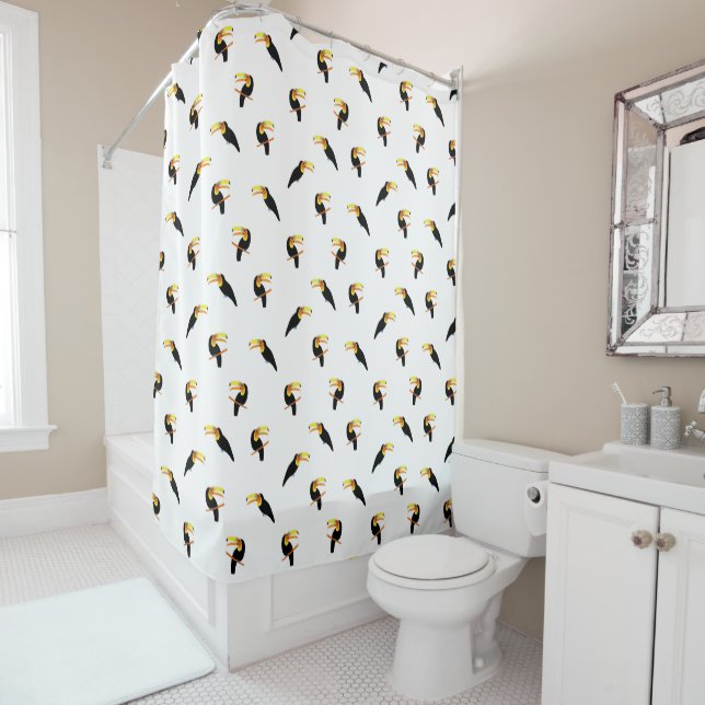 Tropical Toucans Black and White Birds Patterned Shower Curtain (In Situ)