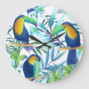 Tropical Toucans: Exotic Flower Pattern. Large Clock