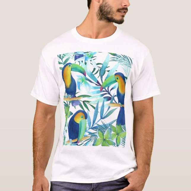 Tropical Toucans: Exotic Flower Pattern. T-Shirt (Front)
