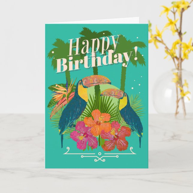 Tropical Toucans Happy Birthday Greeting Card (Yellow Flower)